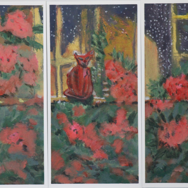 3. The Guardian: a lone cat sits on the edge of a wall, with yellows glowing in the background, dark, starry skies above. There are rambling roses everywhere. Each of the three panels can be exhibited in several different ways. Each panel measures 6 inches by 12 inches. #Healing #Self-Awareness #Balance. Acrylic on watercolor paper. $200