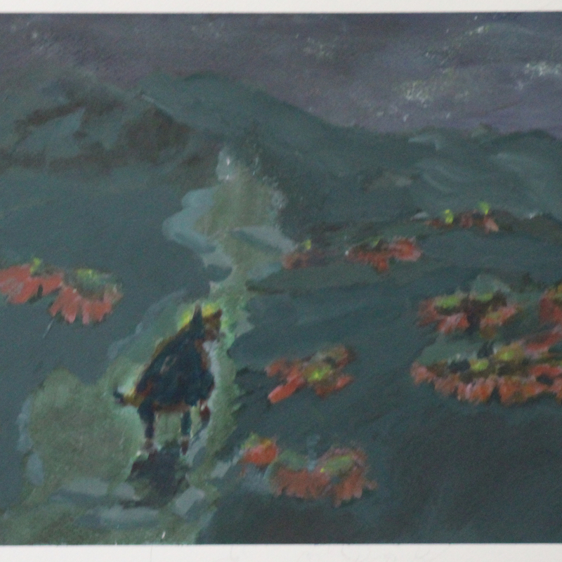 1. The Long Night. the painting depicts a cat walking away from the viewer into a night scape towards an unknown horizon. There are giant flowers to either side of the cat's path. 12 inches by 18 inches. #Separateness #Self-reflection #Journey. Acrylic on watercolor paper. $200